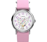 Timex Peanuts Damen-Armbanduhr Weekender in Bloom, 31 mm, rosa Armband, weißes Zifferblatt, silberfarbenes Gehäuse, Pink