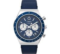 Timex Q Chronograph Herren-Armbanduhr, 40 mm, blaues zweiteiliges Lederarmband mit Schnellverschluss, blaues Zifferblatt, Edelstahlgehäuse TW2W51700