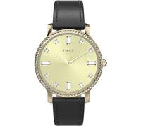 Timex Trend Damen-Armbanduhr, 34 mm, schwarzes, zweiteiliges Lederarmband mit Schnellverschluss, goldfarbenes Zifferblatt, goldfarbenes Gehäuse TW2W84600