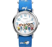 Timex TW2W19400 Peanuts Damen-Armbanduhr, 38 mm, blaues Stoffarmband, weißes Zifferblatt, silberfarbenes Gehäuse