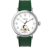 Timex TW2W78900 Peanuts Herren-Armbanduhr, 40 mm, grünes Armband aus synthetischem Kautschuk mit weißem Zifferblatt und silberfarbenem Gehäuse