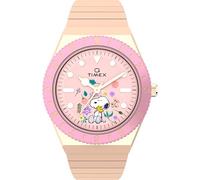 Timex TW2W83800 Peanuts x Q In Bloom Damen-Armbanduhr, 36 mm, roségoldfarbenes dehnbares Edelstahlarmband, rosa Zifferblatt