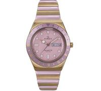 Timex TW2W87600 Q Timex Damen-Armbanduhr, 36 mm, zweifarbiges dehnbares Edelstahlarmband, rosa Zifferblatt und goldfarbenes Gehäuse