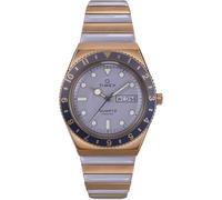Timex TW2W87700 Q Timex Damen-Armbanduhr, 36 mm, zweifarbiges dehnbares Edelstahlarmband, lila Zifferblatt und roségoldfarbenes Gehäuse