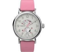 Timex TW2W88900 Peanuts Damen-Armbanduhr, 40 mm, rosa Lederarmband, weißes Zifferblatt, silberfarbenes Gehäuse