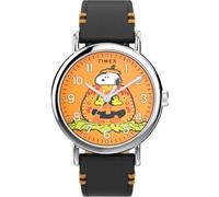 Timex TW2Y12300 Peanuts Pumpkin Herren-Armbanduhr, 40 mm, schwarzes Lederarmband mit orangefarbenem Zifferblatt und silberfarbenem Gehäuse