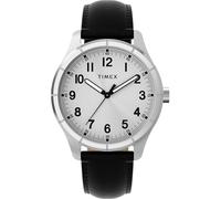 Timex TW2Y16000 Main Street Herren-Armbanduhr, 42 mm, schwarzes Lederarmband mit silberfarbenem Zifferblatt und Gehäuse