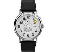 Timex TW2Y31000 Peanuts x Weekender Snoopy Dancing Herren-Armbanduhr, 38 mm, schwarzes Lederarmband mit weißem Zifferblatt und silberfarbenem Gehäuse