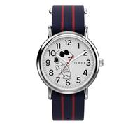 Timex TW2Y31100 Peanuts x Weekender Joe Cool Herren-Armbanduhr, 38 mm, blaues Stoffarmband, weißes Zifferblatt, silberfarbenes Gehäuse