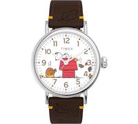 Timex Unisex Peanuts Waterbury Standard 40 mm Uhr - braunes Armband, weißes Zifferblatt, silberfarbenes Gehäuse