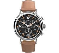 Timex Waterbury Chronograph Herren-Armbanduhr, 41 mm, braunes, zweiteiliges Lederarmband mit Schnellverschluss, schwarzes Zifferblatt, silberfarbenes Gehäuse TW2W84500