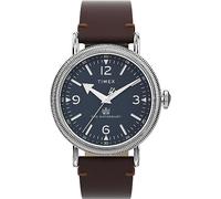 Timex Waterbury Herren-Armbanduhr, 40 mm, braunes, zweiteiliges Lederarmband mit Schnellverschluss, blaues Zifferblatt, silberfarbenes Gehäuse TW2W20400