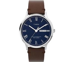 Timex Waterbury Herren-Armbanduhr, 40 mm, braunes, zweiteiliges Lederarmband mit Schnellverschluss, blaues Zifferblatt, Edelstahlgehäuse TW2W14900