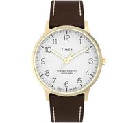Timex Waterbury Herren-Armbanduhr, 40 mm, braunes, zweiteiliges Lederarmband mit Schnellverschluss, weißes Zifferblatt, goldfarbenes Gehäuse TW2W84400