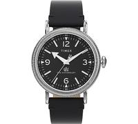 Timex Waterbury Herren-Armbanduhr, 40 mm, schwarzes, zweiteiliges Lederarmband mit Schnellverschluss, schwarzes Zifferblatt, silberfarbenes Gehäuse TW2W20200