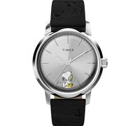 Timex x Peanuts Marlin Automatik-Armbanduhr für Saxophonisten, 40 mm, schwarzes Armband, silberfarbenes Zifferblatt, Edelstahlgehäuse, schwarz, schwarz, Schwarz