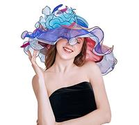 TIMIYUYU Elegante Sonnenhüte Organzablumen Hut Damen Sommerhut Frauenorganza Hut Damenhut Strandsonnenschutz Wide Brim Sommer Strand Hut Organzahut Fascinator Hut für Strand Kirche (Z2-Blue, One Size)