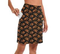 Timuspo Damen Hosenrock Tennisrock Rock mit Hose Drunter Knielang Hoher Taille Golf Skort Activewear Leichter Sommerrock Radrock Schwarz-Orange Blumen S