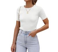Timuspo Damen Kurzarmpullover Elegant 1/2 Arm T-Shirt mit Elastischem Rippshirt T-Shirt Basic Oberteile Blusenshirt Weiss M