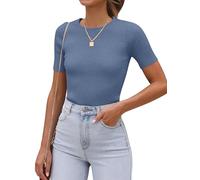 Timuspo Pullover Damen Kurzarm Rippshirt Elegantes Oberteil Einfarbig Oberteile Sommer Elegant Slim Fit Bluse Enge T Shirt Haze Blau L