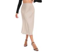 Timuspo Röcke für Damen Satinrock Einfarbig Midi Rock Sommer Knielang Bleistiftrock A-Linie Casual Maxi Skirt mit Versteckter Elastischer Helles Khaki XL