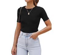 Timuspo T-Shirts für Damen Kurzarm Rundhalsausschnitt Enge Oberteile Elegant Blusen Basic Top Sommer Frühling Casual Schwarz XL