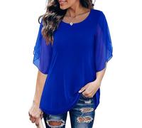 Timuspo Tunika Bluse Damen Sommer 3/4 Ärmel Festliches Oberteil Rundkragen Lässig Elegant Chiffon Kurzarm Doppellagige Fließende Blusen Königsblau M