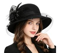 TINAYAUE Damen Filzhut Retro Fischerhut Schön Zylinderhut Rundhut mit Netz, Blumen Weiche Wollmütze Elegante Kirchenhut Schlapphut mit Schleier für Konzerte, Teepartys, Kirche