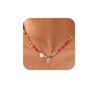 TINGN Bunte Perlenkette Damen - Silber Buchstaben Kette Halskette Herz Kette mit Buchstaben B Mädchen Boho Schmuck Kinder Geschenke für Mädchen Geschenk 18 Geburtstag Kinder