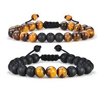 TINGN Lavastein Herren Armband, 8mm Männer Tigerauge Lavastein Armband Stressabbau Yoga Perlen Verstellbares Armband Angst Verstellbare Herren Armband Geschenke für Männer Frauen