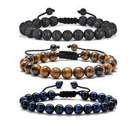 TINGN Lavastein Herren Armband, 8mm Männer Tigerauge Lavastein Armband Stressabbau Yoga Perlen Verstellbares Armband Angst Verstellbare Herren Armband Geschenke für Männer Frauen