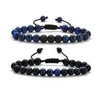 TINGN Lavastein Herren Armband, 8mm Männer Tigerauge Lavastein Armband Stressabbau Yoga Perlen Verstellbares Armband Angst Verstellbare Herren Armband Geschenke für Männer Frauen