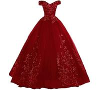 Tingyanyan Schulterfrei Abendkleider Tüll Prinzessin Lange Party Ballkleider Quinceanera Kleider Burgund Größe 34