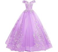 Tingyanyan Schulterfrei Abendkleider Tüll Prinzessin Lange Party Ballkleider Quinceanera Kleider Flieder Größe 38