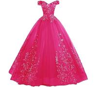 Tingyanyan Schulterfrei Abendkleider Tüll Prinzessin Lange Party Ballkleider Quinceanera Kleider Fuchsie Größe 54