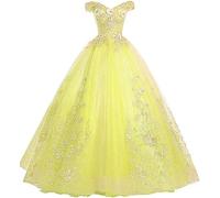 Tingyanyan Schulterfrei Abendkleider Tüll Prinzessin Lange Party Ballkleider Quinceanera Kleider Gelb Größe 46