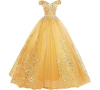 Tingyanyan Schulterfrei Abendkleider Tüll Prinzessin Lange Party Ballkleider Quinceanera Kleider Gold Größe 46