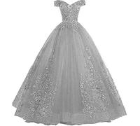 Tingyanyan Schulterfrei Abendkleider Tüll Prinzessin Lange Party Ballkleider Quinceanera Kleider Grau Größe 40