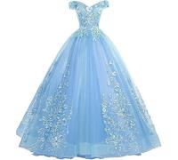 Tingyanyan Schulterfrei Abendkleider Tüll Prinzessin Lange Party Ballkleider Quinceanera Kleider Hellblau Größe 38