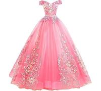 Tingyanyan Schulterfrei Abendkleider Tüll Prinzessin Lange Party Ballkleider Quinceanera Kleider Koralle Größe 38