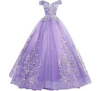 Tingyanyan Schulterfrei Abendkleider Tüll Prinzessin Lange Party Ballkleider Quinceanera Kleider Lavendel Größe 36