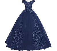 Tingyanyan Schulterfrei Abendkleider Tüll Prinzessin Lange Party Ballkleider Quinceanera Kleider Marineblau Größe 40