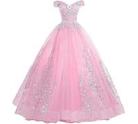 Tingyanyan Schulterfrei Abendkleider Tüll Prinzessin Lange Party Ballkleider Quinceanera Kleider Rosa Größe 36