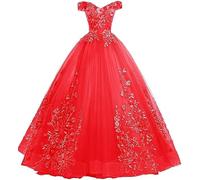 Tingyanyan Schulterfrei Abendkleider Tüll Prinzessin Lange Party Ballkleider Quinceanera Kleider Rot Größe 38