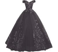 Tingyanyan Schulterfrei Abendkleider Tüll Prinzessin Lange Party Ballkleider Quinceanera Kleider Schwarz Größe 58