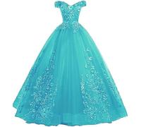 Tingyanyan Schulterfrei Abendkleider Tüll Prinzessin Lange Party Ballkleider Quinceanera Kleider Teal Größe 50