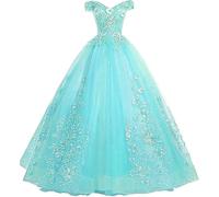 Tingyanyan Schulterfrei Abendkleider Tüll Prinzessin Lange Party Ballkleider Quinceanera Kleider Türkis Größe 32