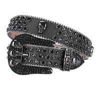 TINIDI Westerngürtel für Herren und Damen, Strass-Gürtel, glitzernde Kristalle, Totenköpfe, Nieten, Ledergürtel für Hosen und Jeans, Allblack, Fit Waist 28-30 inch