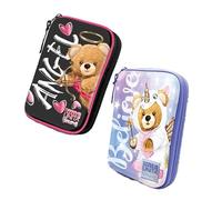 Tinta Unita One Time EVA Hartschalenmäppchen 21,5 × 14 × 7 cm - Schulset Fantasy Teddy und Amor - 2 radierbare Stifte + Bleistifte + Zubehör, Himmelblau Rosa Angel, 3 Reißverschlüsse