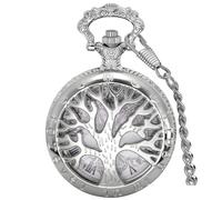 Tiong Baum des Lebens Taschenuhr Vintage Quarz Herren FOB Taschenuhren mit Kette, 01-Silber